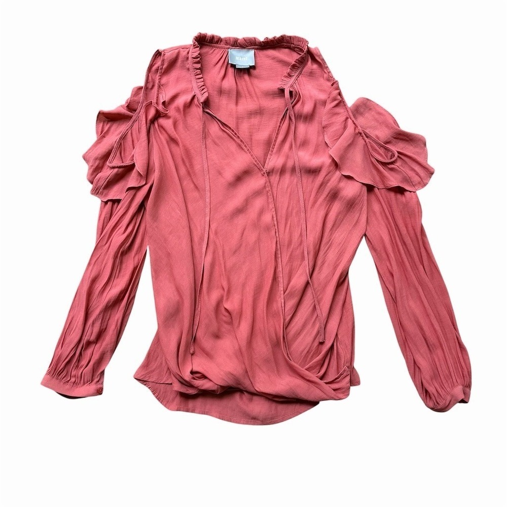 Maeve Blouse Womens Size S Dusty Rose Ruffle Cold Shoulder V-Neck Tie